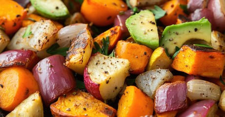 Roasted Winter Vegetables with Avocado. AI generated illustration.