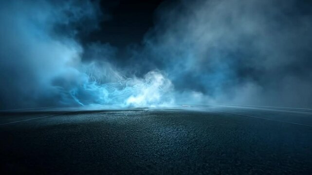Dramatic blue smoke swirling in dark atmosphere creates mysterious texture on ground, enhancing visual depth with captivating fog.