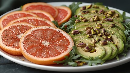 Sliced grapefruit and avocado salad with pistachios on a white plate.