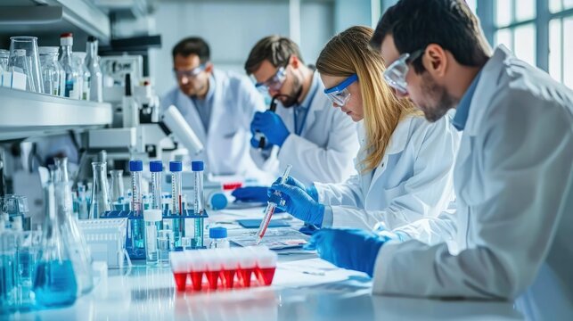 A team of scientists collaborating over data charts and lab results, discussing advancements in cancer research