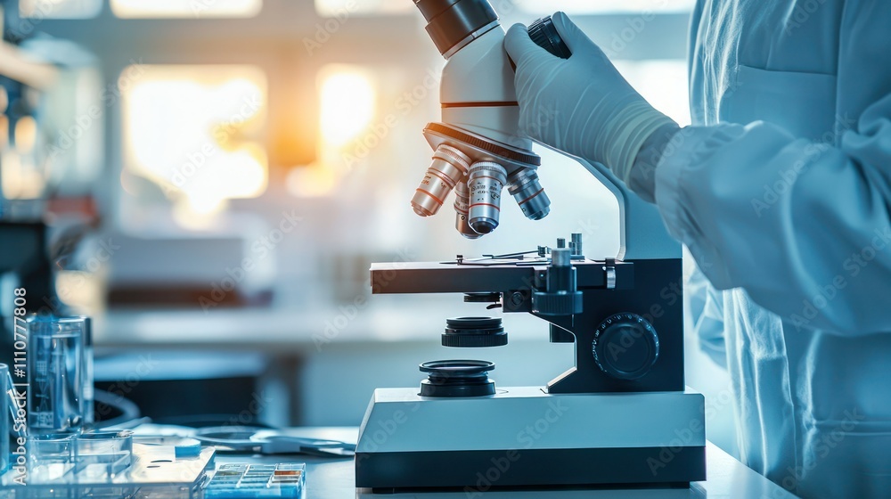 Aufkleber a technician adjusting the settings on a microscope in a bright lab environment