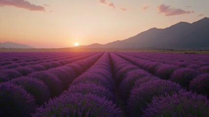 Fototapeta premium Lavender Fields at Sunset with Majestic Mountains in the Background