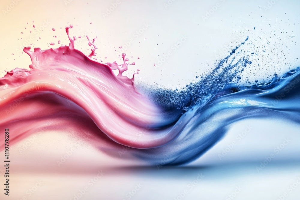 Poster dynamic collision of colorful red and blue liquid splashes in motion