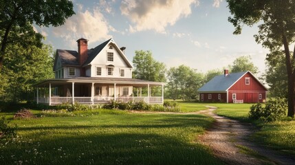 Idyllic countryside scene featuring a large farmhouse and a red barn, bathed in sunlight.