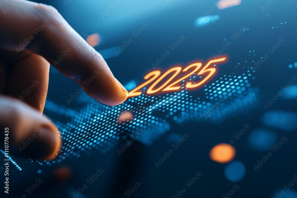 Poster close-up of finger touching digital 2025 interface with data visualization