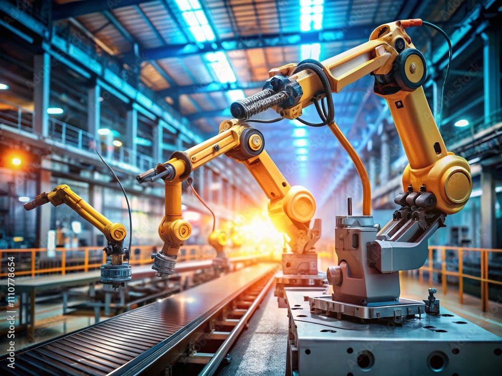 Poster smart industry robot arms enhancing digital factory production technology through automation manufac