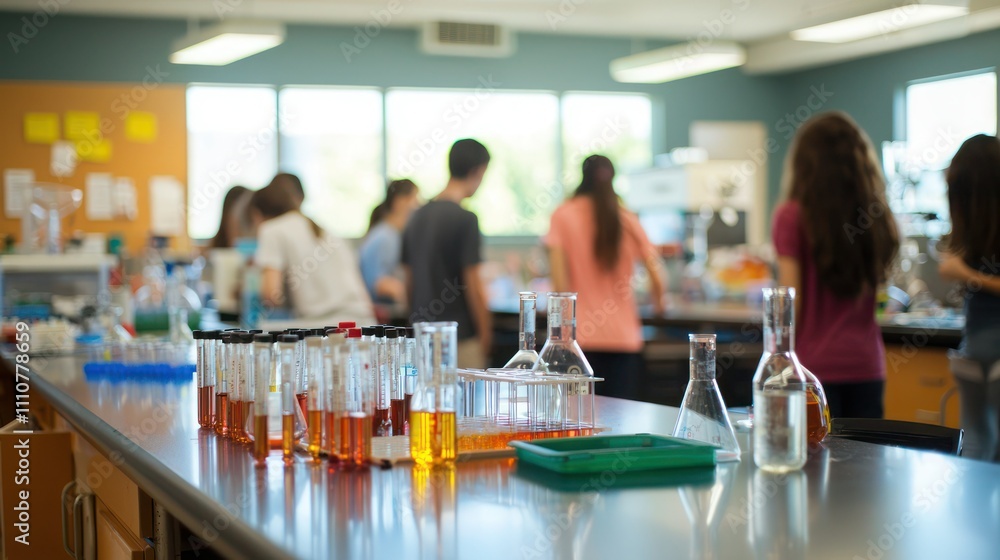 Poster a vibrant classroom scene with students engaged in hands-on laboratory science experiments