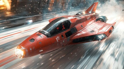 A futuristic red spaceship speeding through a dynamic, blurred environment.