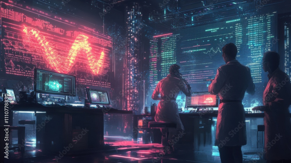 Poster futuristic laboratory with scientists analyzing advanced data streams