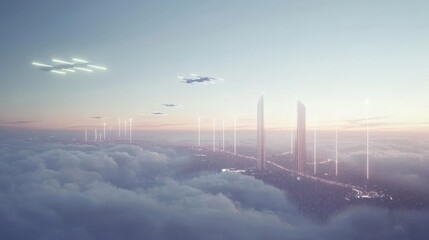 Futuristic Cityscape with Drones and Skyscrapers Amidst a Cloudy Skyline