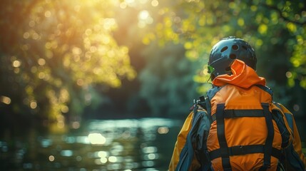 Obraz premium Person in life vest and helmet looks at river.