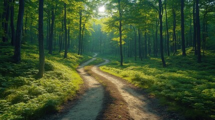 Obraz premium A serene forest path winding through lush greenery, inviting exploration and tranquility.