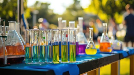 A vibrant outdoor science fair showcasing innovative projects and experiments
