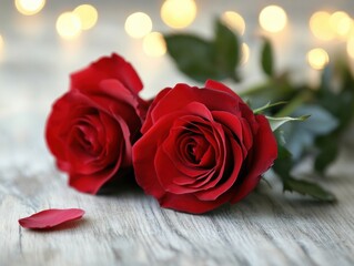 Beautiful red roses on a wooden background with soft bokeh lights.