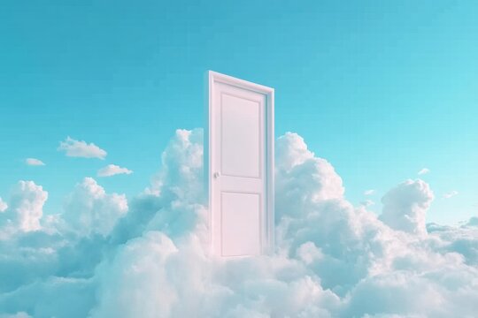 A surreal white door emerges from fluffy clouds under a serene blue sky.