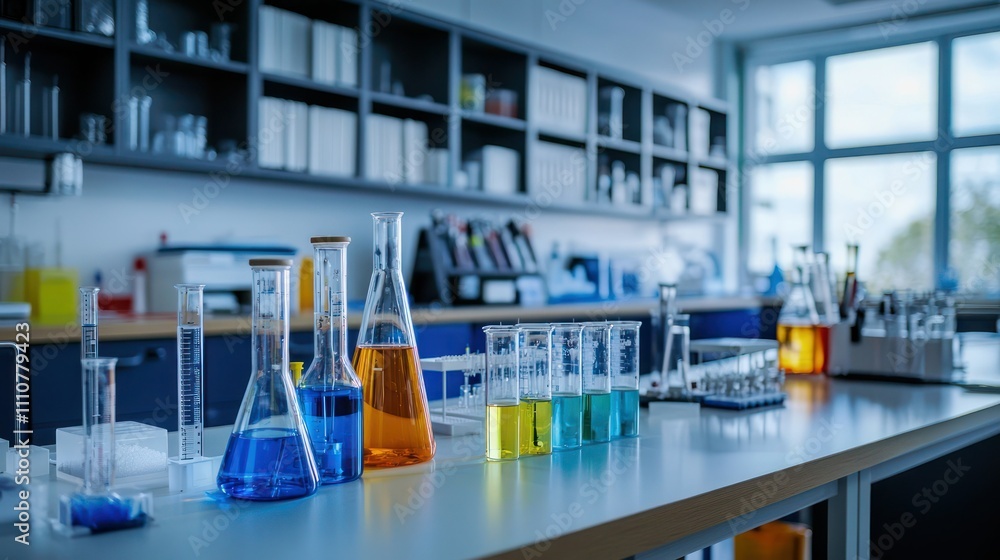 Poster a well-organized school science lab with various lab stations set up for experiments