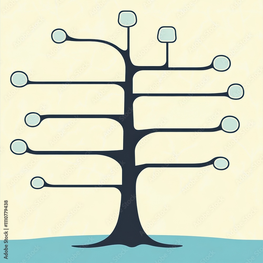 Poster stylized tree with abstract branches and circles on a pastel background.