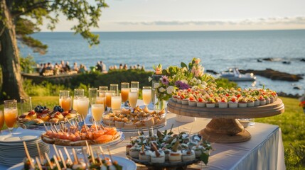 photograph of table full of appetizers drinks overlooking the ocean at summer gathering