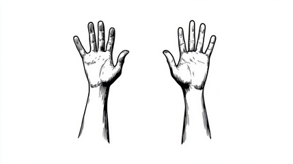 Detailed Black and White Illustration of Two Human Hands with Open Palms Displaying Unique Hand Features and Textures Against a Plain Background