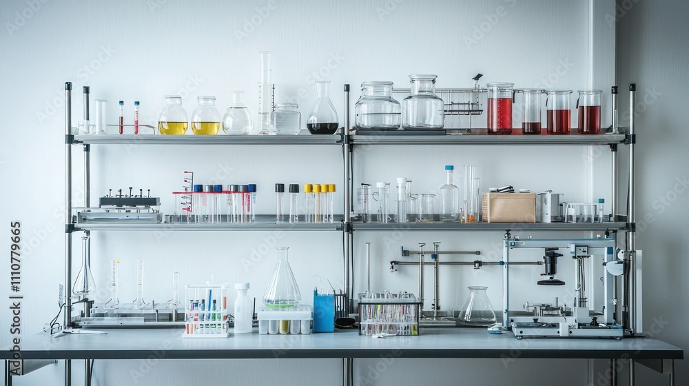Poster a well-stocked lab shelf displaying various types of laboratory equipment used for experiments