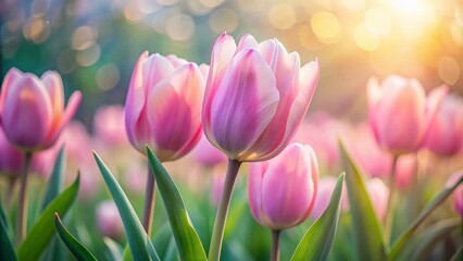 Naklejka premium Soft Pink Tulip Buds on a Blurred Background Capturing the Essence of Love and Weddings in Tilt-Shift Photography for Romantic Moments and Celebrations