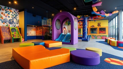 Colorful indoor playground with slides, climbing structures, and soft play areas for children.