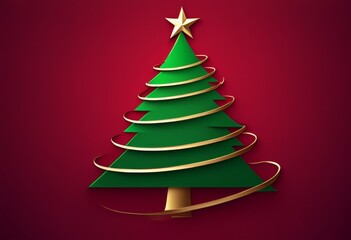Obraz premium Ein stilisierter Weihnachtsbaum in Grün mit goldener Spiralgirlande und einem goldenen Stern an der Spitze, vor einem tiefroten Hintergrund. Schlicht und festlich. Generative KI