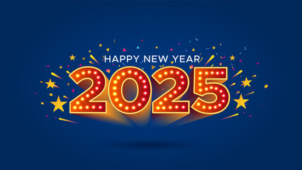 Happy new year 2025 number decorated with lights.