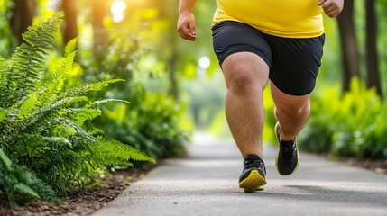 Fototapeta premium A male athlete of unclear ethnicity runs along a lush green path, dressed in a bright yellow shirt and black shorts, enjoying an active lifestyle.