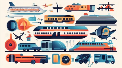 Naklejka premium Colorful Transportation Icons Featuring Various Vehicles and Modes