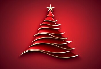 Ein stilisierter Weihnachtsbaum mit geschwungenen roten Flächen und goldenen Akzenten, gekrönt von einem Stern, vor einem tiefroten Hintergrund. Modern und festlich. Generative KI