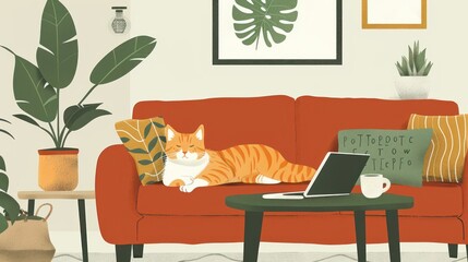 Orange tabby cat relaxing on red couch in living room with laptop.