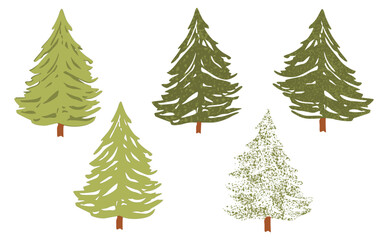 Collection of vector silhouettes of fir trees of different types and colors, Christmas tree isolated on white