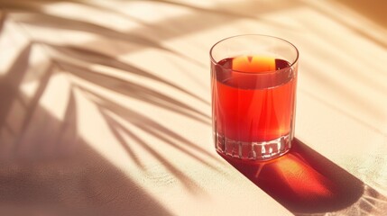 Glass of red beverage in sunlight with palm leaf shadow.