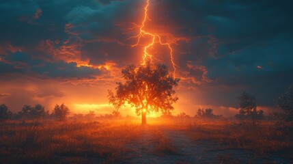 Fototapeta premium A bright lightning strikes a tree and it catches fire.