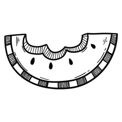 Hand drawn doodle bitten watermelon slice on white background.