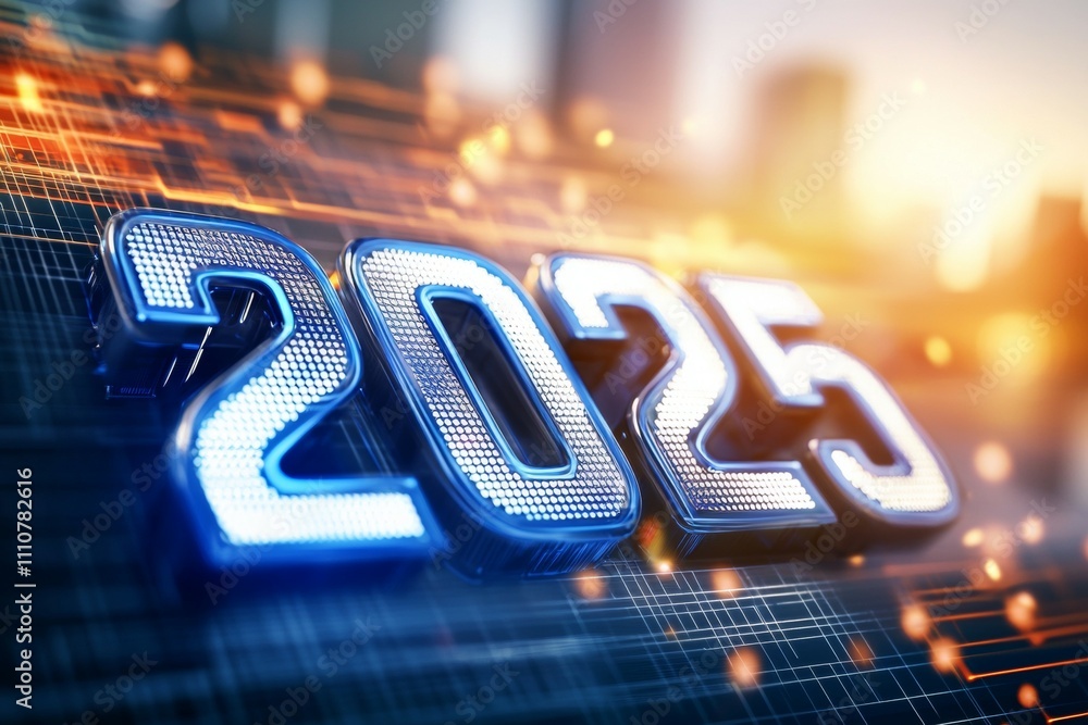 Poster futuristic digital 2025 display with glowing circuitry and dynamic energy