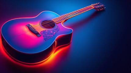 Acoustic guitar with vibrant, neon glow effect on a dark background representing the concept like rock and night club party, musical banner concept with copy space for text, logo, ad	