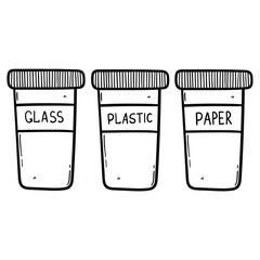 Hand drawn doodle set of garbage cans with sorted garbage on white background. Separating and recycling garbage.