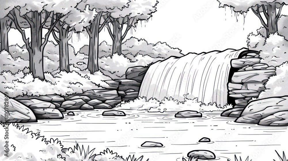 Poster monochrome sketch of a waterfall cascading over rocks into a calm stream, nestled within a lush fore