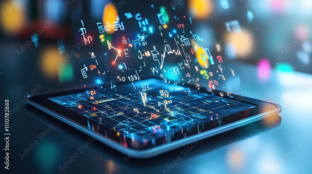 Poster an animated visual of various mathematical calculations being performed on a digital tablet.