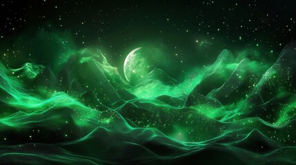 Obraz premium Ethereal Green Mountain Landscape with Starry Night Sky and Moon
