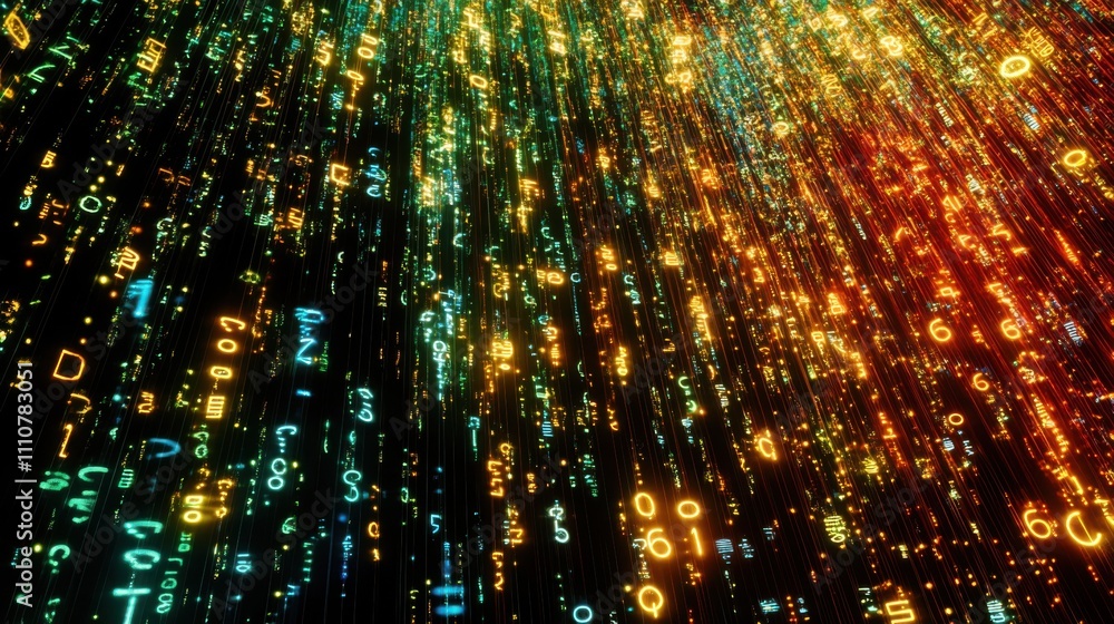 Poster colorful digital data stream with bright glowing numbers and symbols