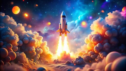 Fototapeta premium Stunning 3D Rocket Launching from a Billowing Cloud with Flames and Smoke, Capturing the Dynamic Energy of Space Exploration and the Thrill of Takeoff in a Bokeh Effect