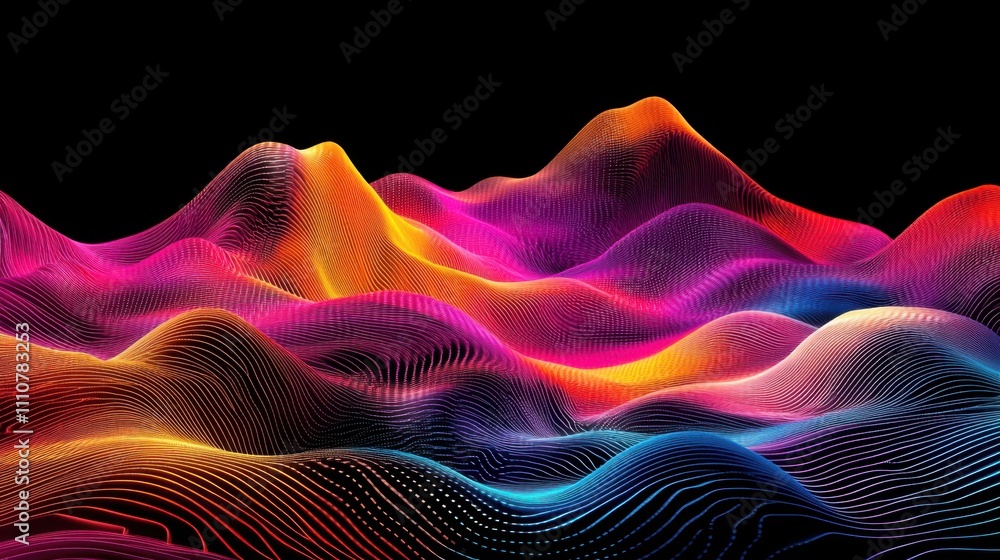 Poster vibrant abstract waves with colorful light patterns on black background