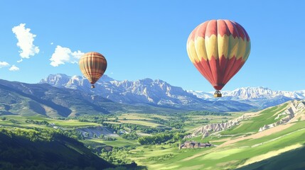 Fototapeta premium Colorful hot air balloons soaring over lush green valleys and majestic mountains under a clear blue sky