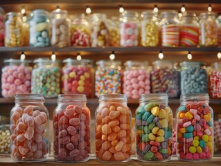 A vibrant display of colorful jars filled with assorted candies, creating a nostalgic and inviting atmosphere.