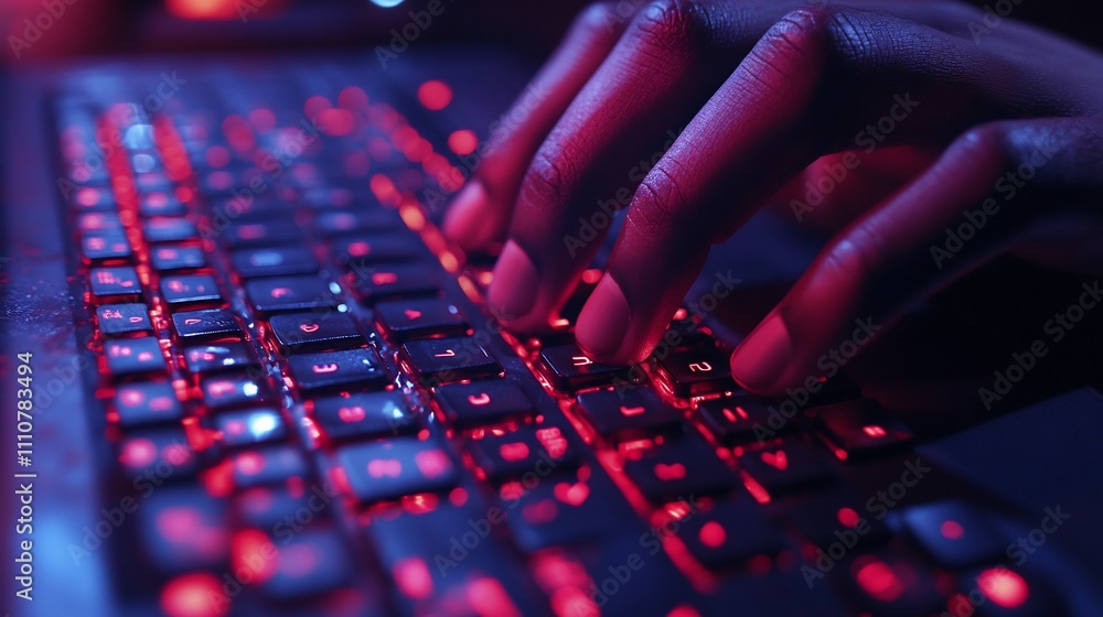 Poster Close-up of hands typing on a backlit keyboard.