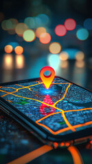 mobile phone displaying glowing map with location pin, showcasing urban navigation and technology. vibrant colors and blurred lights create dynamic atmosphere