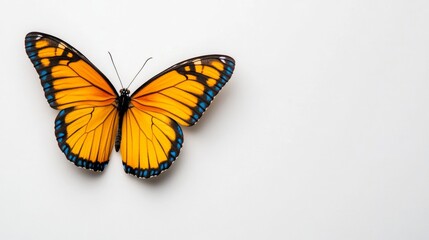 Obraz premium Blue, yellow, and orange butterfly flying against white background, vibrant colors 